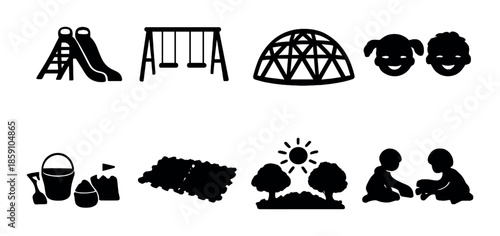 Silhouette icons of playground activities and equipment for children