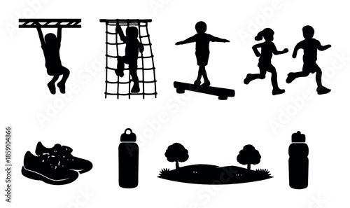 Silhouettes of children engaging in outdoor playground activities and obstacles