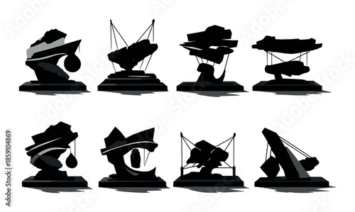 Abstract metal sculptures with geometric designs in silhouette