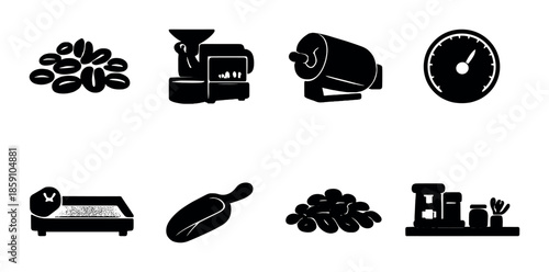 Coffee brewing icons: grinder, beans, scale, espresso, tamper, machine, shelf