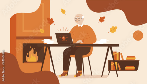 Elderly man struggles with laptop failure at his autumn desk near a fireplace Technology frustration