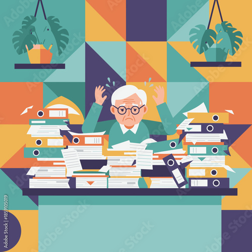Overwhelmed senior worker drowning in files and binders Stress bureaucracy and overwork concept