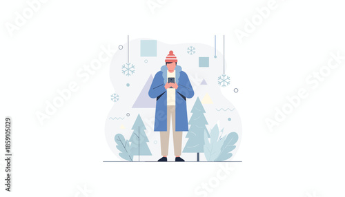 Man using a smartphone in a cold winter landscape with stylized snow trees and warm coat