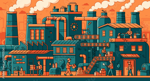 Busy industrial factory complex with production lines pipelines and workers Manufacturing process illustration