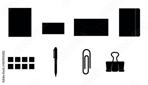 Silhouette office supplies: stationery icons on gray background