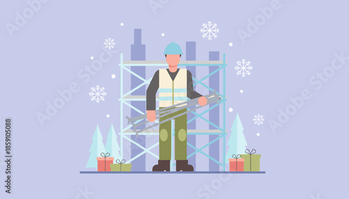 Construction worker prepares holiday setup in winter city setting symbolizing seasonal work and giving