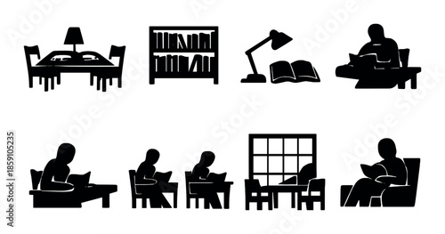 Silhouette of people reading in various settings: lamp, desk, chair, bookshelf
