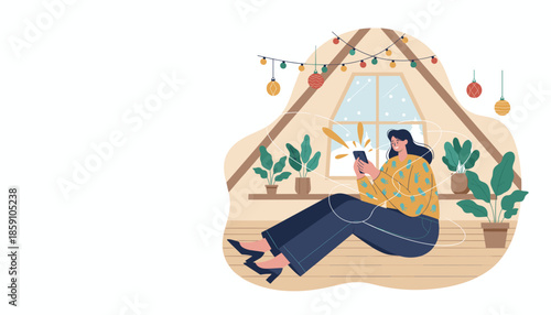 Woman uses phone in a cozy winter attic enjoying connectivity and holiday relaxation