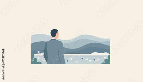 Businessman views snowy mountains from a festive balcony
