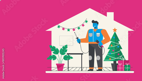 Man repairs Christmas lights inside a house silhouette Holiday maintenance and home service concept