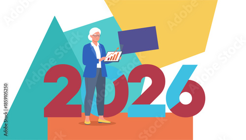 Senior executive forecasting business growth for 2026 using digital tablet Financial success planning