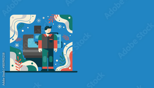 Industrial worker standing by machinery in a factory setting Flat illustration for engineering and manufacturing