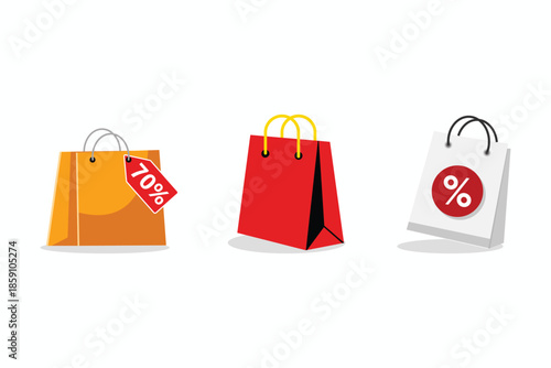 Vector illustration of three vibrant shopping bags, featuring a 70% discount tag and a percentage symbol, perfect for retail sales, promotions, and online store graphics.
