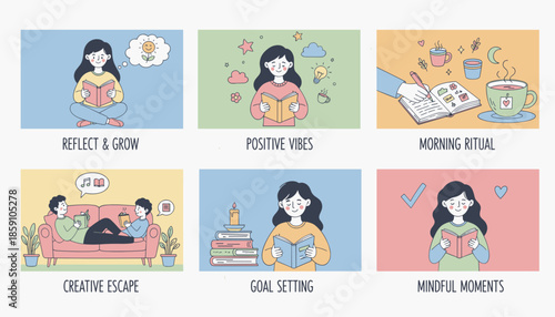 Selfcare and wellness routine illustrations reading journaling goal setting relaxation and positive vibes