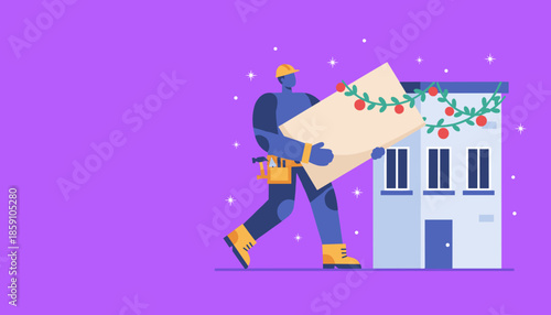 Worker carrying a sign past a home decorated for Christmas Holiday maintenance and building services concept