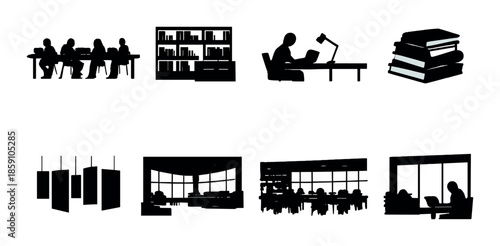 Silhouettes of people reading and working in dimly lit library setting