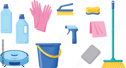 Collection of household cleaning tools and supplies including gloves, bottles, sponge, brush, spray, bucket, broom, and robotic vacuum cleaner.