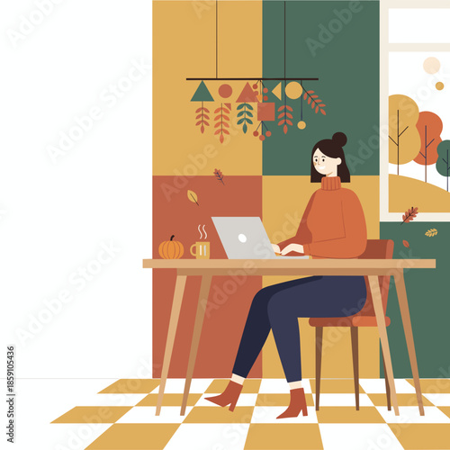 Woman working remotely on a laptop in a cozy autumnthemed home office with coffee and a pumpkin