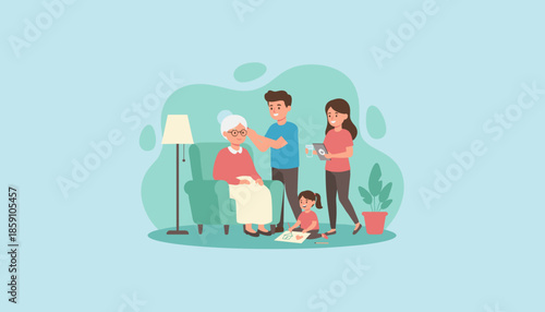 Multigenerational family caring for elderly grandmother at home Home care support and loving generations