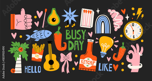 Cartoon doodle y2k patches, labels, tags, stickers, stamps in retro. Groovy stickers in funky hipster grunge 90s style. Vector set, trendy promo label