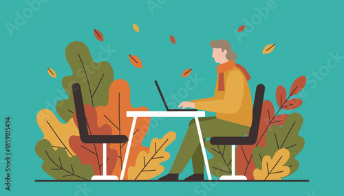 Digital nomad working on a laptop outdoors among colorful autumn leaves Remote freelance work concept
