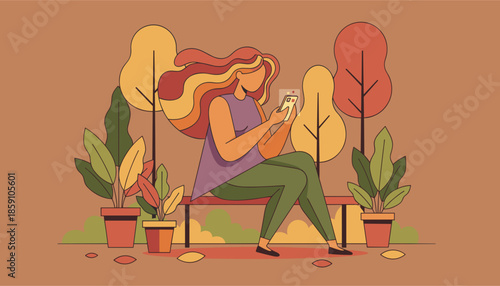 Woman on park bench using smartphone Autumn illustration of digital connection relaxation and outdoor lifestyle