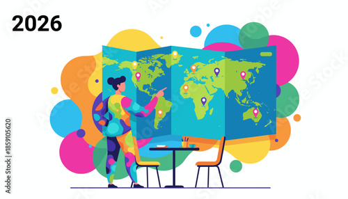 Vibrant illustration of global planning for 2026 person points out future locations on a world map