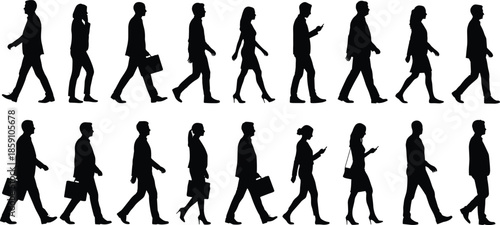 Business people walking silhouettes, office workers commuting, men and women in motion, urban pedestrian illustration, corporate lifestyle, modern city movement design