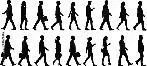 Business people walking silhouettes, office professionals, men and women commuting, city pedestrian movement illustration, corporate workers in motion, modern urban lifestyle