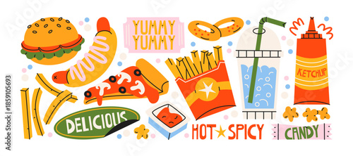 Fast food stickers set. Cartoon pizza, fries, ketchup, burgers, and other tasty snacks. Doodle and vibrant illustrations for street food and takeaway concepts.