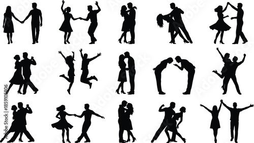 Couple dance silhouettes, romantic dancing poses, love relationship figures, ballroom swing steps, joyful celebration people, modern dance illustration set
