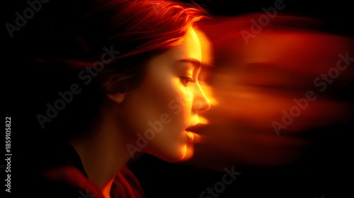 Radiant Aura - A Captivating Portrait of a Woman Bathed in Fiery Light, Dramatic Illumination.