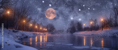 Atmospheric nighttime winter river photograph, low-angle composition emphasizing reflective symmetry between sky and water, warm streetlights glowing 