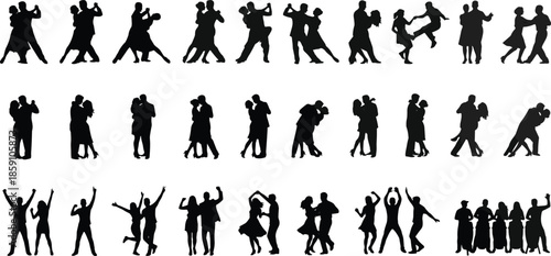 Couple dance silhouettes, romantic dancing poses, ballroom tango swing steps, party celebration people, love relationship figures, modern dance illustration set