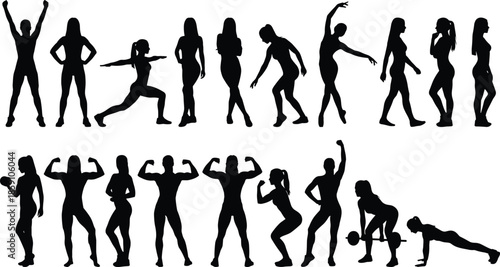Female fitness silhouettes, workout exercise poses, yoga stretching, bodybuilding women, gym training actions, athletic strong woman illustration set for design