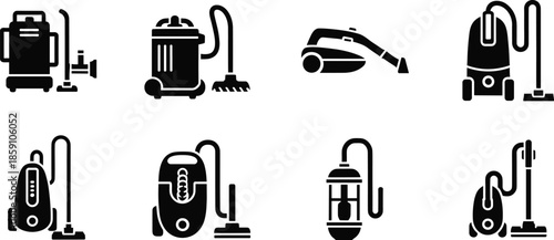 Collection of vacuum cleaner icons in black and white line style showing various models, designs, nozzles, and cleaning equipment types.