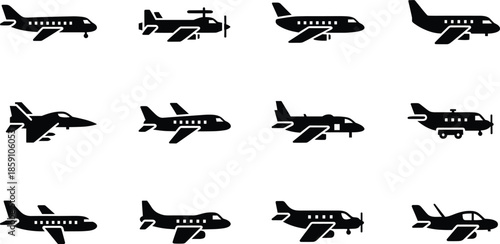 Collection of twelve airplane silhouette icons featuring commercial jets, fighter aircraft, propeller planes, and private aviation designs for vector illustration