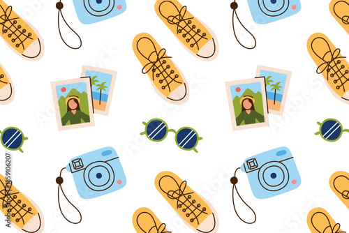 Flat cartoon vector illustration of youth pattern with compact camera, instant photo, sunglasses and sneakers, stylish modern vibe, casual lifestyle theme, seamless design for fashion prints