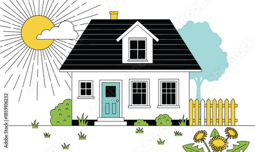 Colorful sunny house with nature elements, picket fence, tree, flowers, cloud, sun rays, cheerful outdoor landscape vector illustration