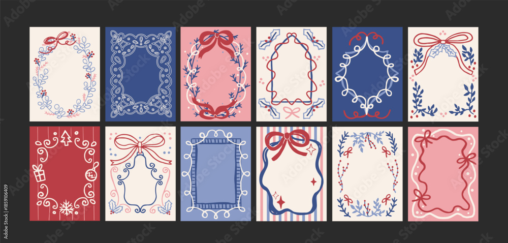 Fototapeta premium Winter holiday frame cards retro cartoon style. Snowflake borders, ribbon ornaments, christmas labels, festive bow frames and seasonal greeting templates, cozy winter postcard layouts
