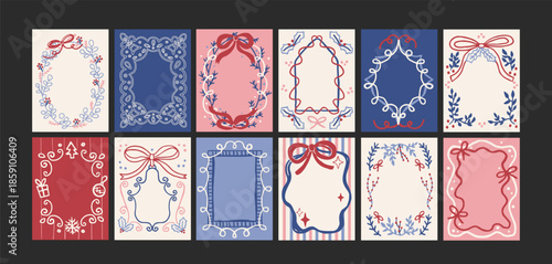 Winter holiday frame cards retro cartoon style. Snowflake borders, ribbon ornaments, christmas labels, festive bow frames and seasonal greeting templates, cozy winter postcard layouts