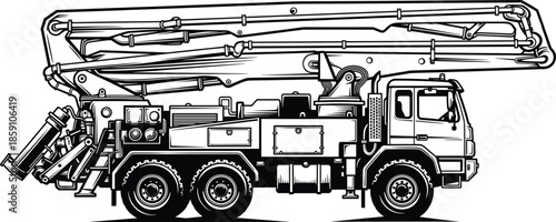 Concrete pump truck vector with articulated boom, hydraulic system, construction vehicle design for building site logistics and heavy machinery themes.