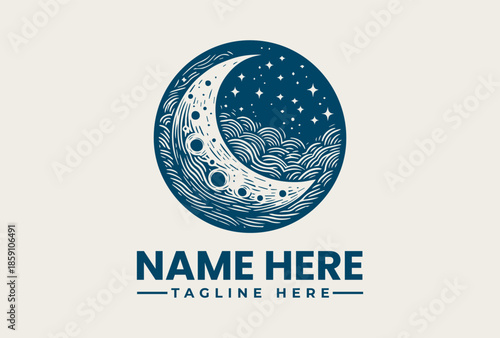 A blue and white illustration of a crescent moon with stars and clouds, accompanied by a customizable name and tagline on a clean white background.