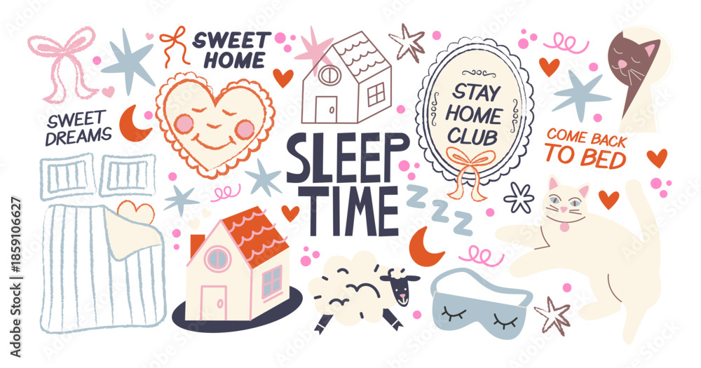 Fototapeta premium Bedtime and sleep stickers in retro style. Pajamas, pillows, nightcap, mask, sheep, moon, stars and clouds. Cozy collection of night routine, good dreams and relaxation for bedroom design