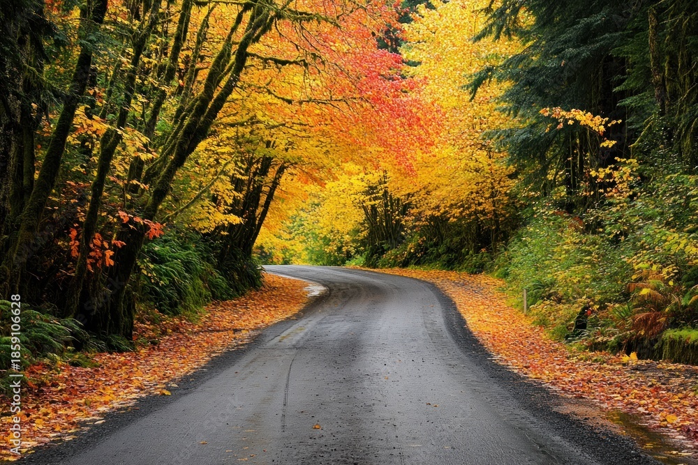 Obraz premium A winding road through a vibrant forest, with trees adorned in hues of orange, yellow, and green, creating a picturesque scene.