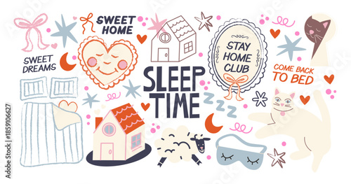 Bedtime and sleep stickers in retro style. Pajamas, pillows, nightcap, mask, sheep, moon, stars and clouds. Cozy collection of night routine, good dreams and relaxation for bedroom design