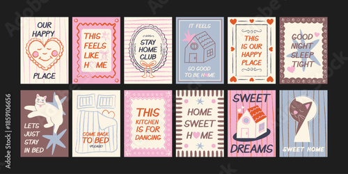 Cartoon good night posters. Cozy pajamas, bed, pillows, moon, bedtime. Trendy night illustrations in doodle retro style. Banners for wall and gift cards