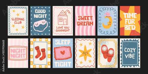 Cartoon good night posters. Cozy pajamas, bed, pillows, moon, bedtime. Trendy night illustrations in doodle retro style. Banners for wall and gift cards