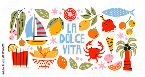Fotografie Italian food and culture stickers set in retro cartoon style