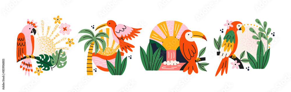 Obraz premium Tropical bird compositions in retro cartoon style. Parrots, toucans, palm tree, jungle leaves, exotic flowers, sunset and tropical plants. Summer rainforest graphics, exotic island animal stickers